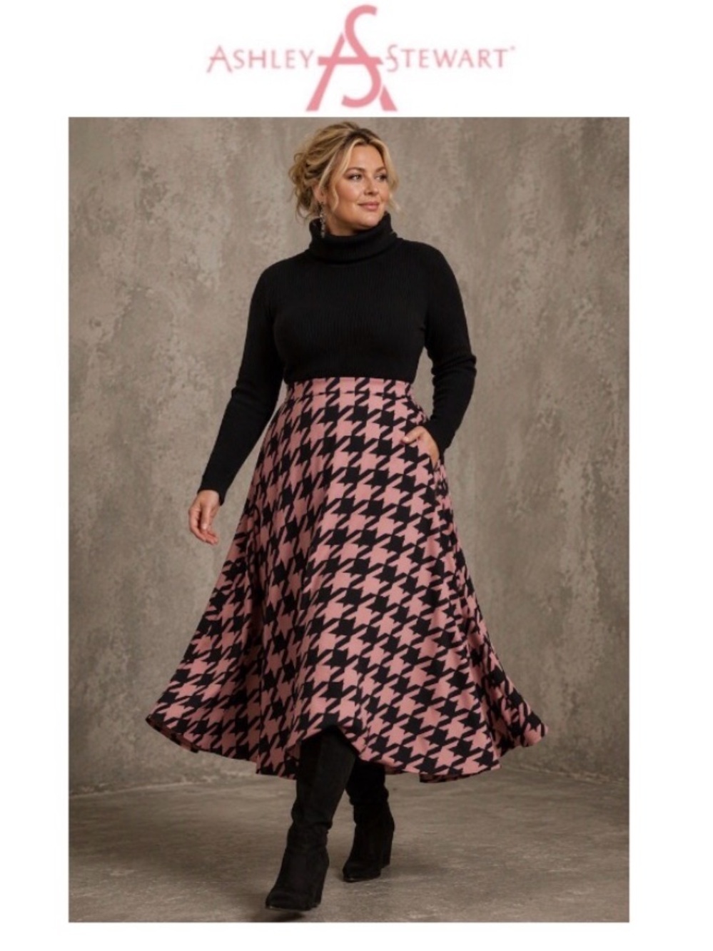 18/20W Ashley Stewart Pink and Black Swingy Houndstooth High Waist Skirt, NWT